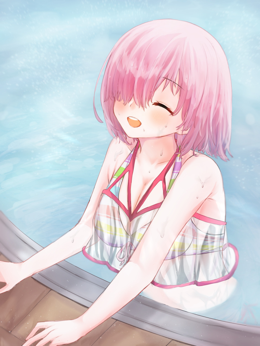 1girl, :d, ^_^, bikini, blush, closed_eyes, collarbone, day