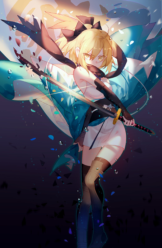 1girl, ahoge, bangs, black_bow, black_eyes, black_legwear, black_scarf, blonde_hair