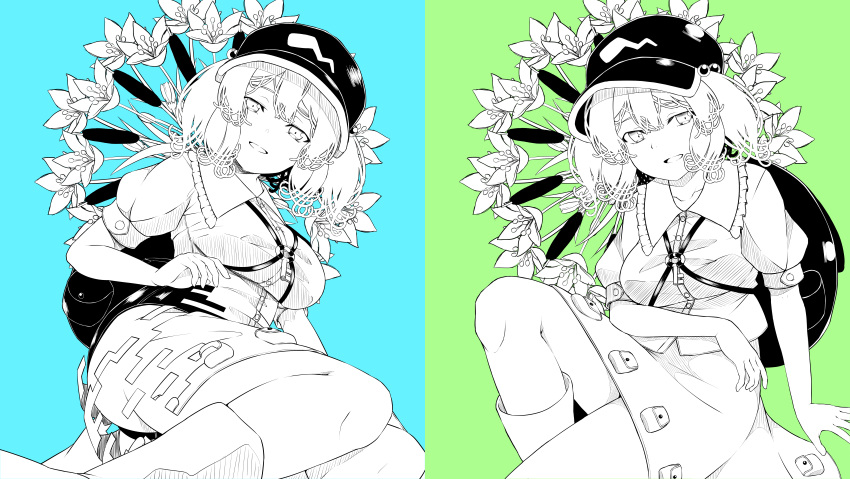 1girl, absurdres, boots, breasts, eyebrows_visible_through_hair, greyscale, highres, kagiyama_pandra