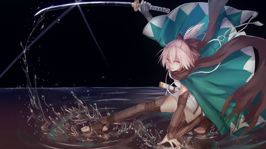 1girl, ahoge, bakanoe, bangs, black_bow, black_eyes, black_legwear, black_scarf, blonde_hair, bow, breasts, fate/grand_order, fate_(series), hair_between_eyes, hair_bow, highres, japanese_clothes, kimono, koha-ace, large_breasts, long_sleeves, looking_at_viewer, obi, okita_souji_(fate), okita_souji_(fate)_(all), okita_souji_(koha/ace), rioka_(moorioka), sakura_saber, sash, scarf, short_kimono, solo, thigh-highs, wide_sleeves