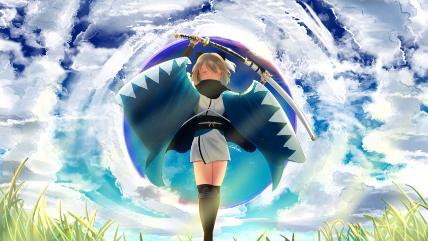 1girl, ahoge, bangs, black_bow, black_eyes, black_legwear, black_scarf, blonde_hair
