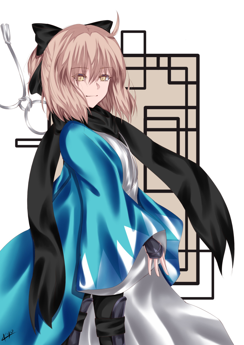 1girl, ahoge, bangs, black_bow, black_eyes, black_legwear, black_scarf, blonde_hair