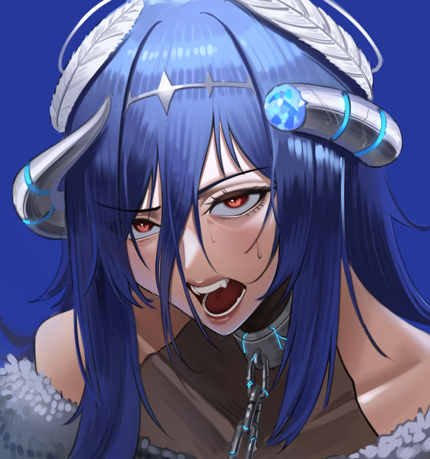 1girl, absurdres, blue_background, blue_hair, broken_horn, brown_eyes, chain, collar