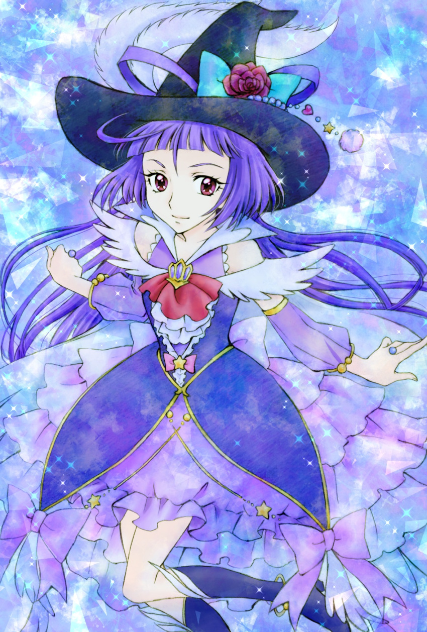 1girl, aizen_(syoshiyuki), ascot, black_footwear, black_headwear, blue_background, boots, bow, brooch, closed_mouth, cure_magical, cure_magical_(alexandrite_style), dress, dress_bow, flower, frilled_dress, frills, green_bow, hat, hat_bow, hat_flower, highres, izayoi_liko, jewelry, knee_boots, layered_dress, long_hair, looking_at_viewer, magical_girl, mahou_girls_precure!, precure, purple_bow, purple_dress, purple_hair, purple_theme, red_eyes, red_flower, red_rose, rose, solo, witch_hat