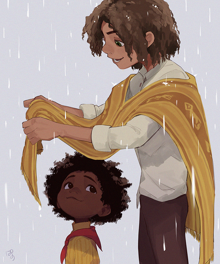 2boys, antonio_madrigal, bandana, brothers, brown_hair, camilo_madrigal, child, curly_hair, dark-skinned_male, dark_skin, disney, encanto, grey_background, male_focus, multiple_boys, pano_(mohayayamai), poncho, rain, red_bandana, siblings, simple_background, smile, wet, wet_hair