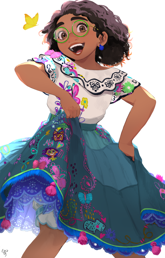 1girl, blue_skirt, brown_hair, bug, butterfly, curly_hair, dark-skinned_female, dark_skin