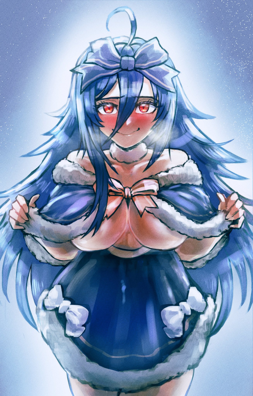 ahoge, bangs, blue_bow, blue_capelet, blue_hair, blue_skirt, blush, bow