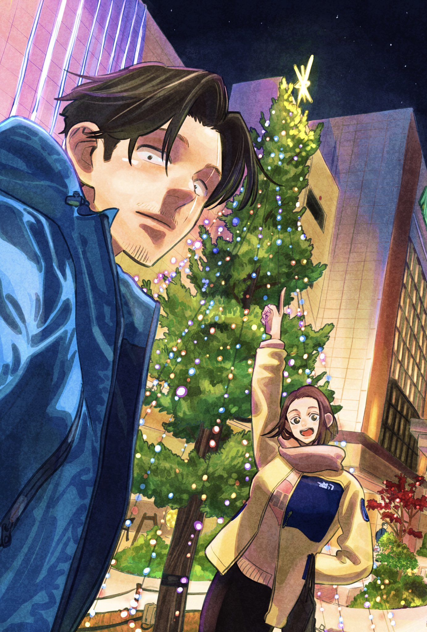 1boy, 1girl, building, christmas, christmas_lights, christmas_tree, facial_hair, goatee