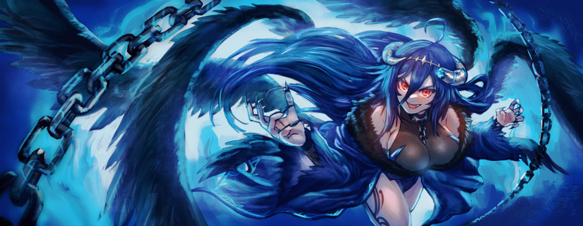 1girl, absurdres, black_nails, blue_dress, blue_hair, blue_leotard, breasts, broken_horn