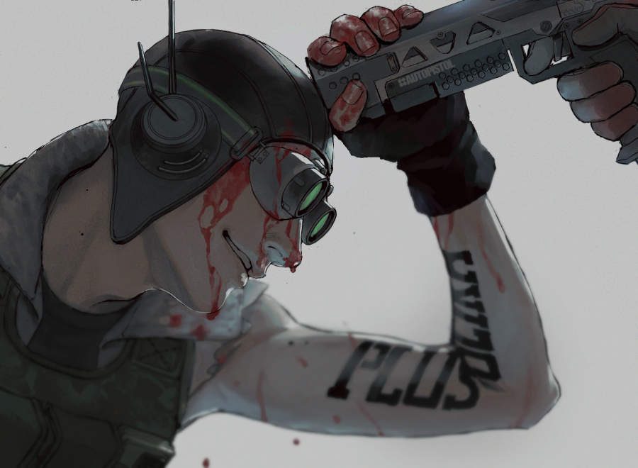 1boy, apex_legends, arm_tattoo, black_gloves, black_headwear, blood, blood_on_face, blood_on_hands