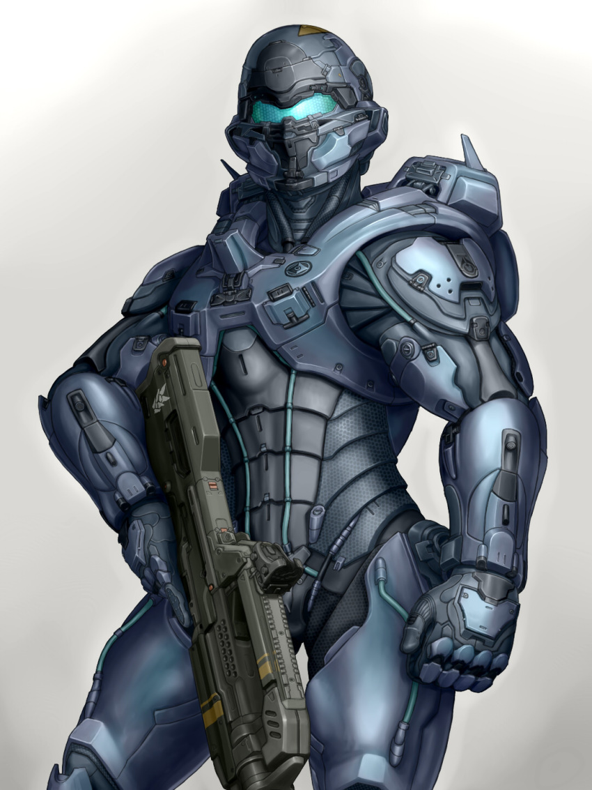 1boy, battle_rifle, br55, bullpup, clenched_hand, cowboy_shot, grey_background, gun, halo_(series), halo_5:_guardians, hdfm, highres, holding, holding_gun, holding_weapon, jameson_locke, looking_ahead, male_focus, power_armor, rifle, science_fiction, solo, spartan_(halo), visor, weapon