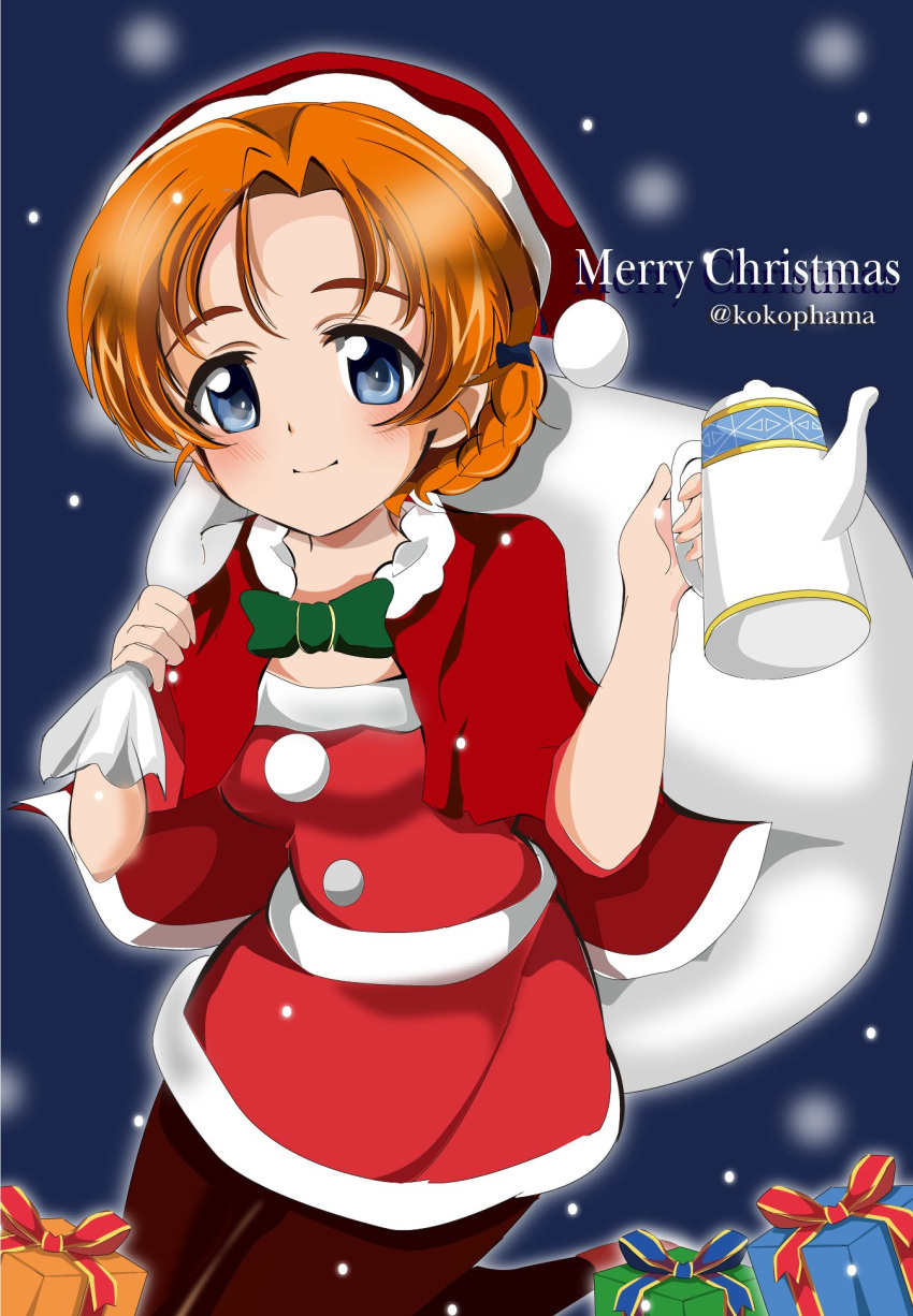 1girl, bangs, black_legwear, blue_eyes, bow, braid, cape, christmas
