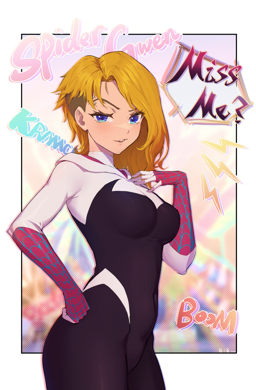 1girl, absurdres, asymmetrical_hair, blonde_hair, blurry, blurry_background, bodysuit, breasts