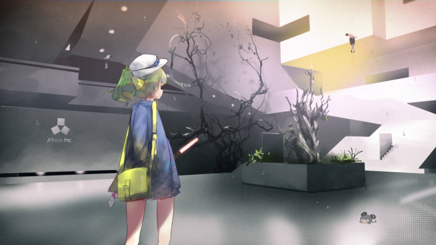 1girl, 2others, bag, bangs, bare_tree, blue_coat, bow, closed_mouth