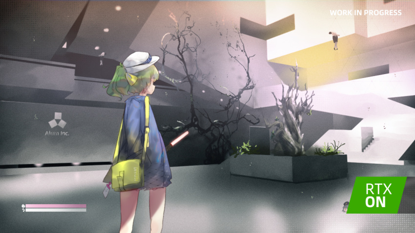 1girl, 2others, bag, bangs, bare_tree, blue_coat, bow, closed_mouth