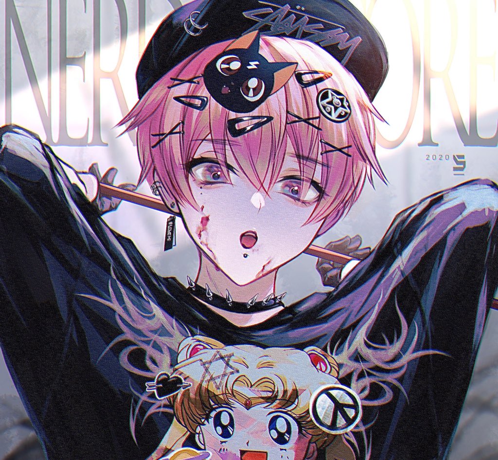 1boy, aki_(xxparadexx), androgynous, choker, collar, ear_piercing, earrings, hair_ornament