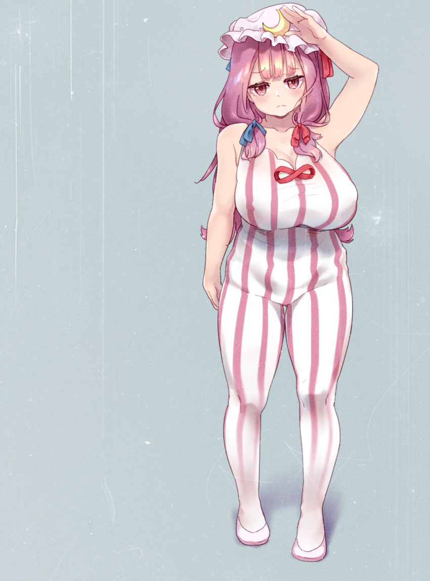 1girl, adapted_costume, arm_up, bangs, blue_background, blue_bow, blush, bodysuit, bow, breasts, closed_mouth, commentary_request, cookie_(touhou), crescent, crescent_hat_ornament, eyebrows_visible_through_hair, fairyfloss, frown, full_body, hair_bow, hat, hat_ornament, highres, huge_breasts, impossible_bodysuit, impossible_clothes, long_hair, looking_at_viewer, mob_cap, patchouli_knowledge, plump, purple_hair, red_bow, sleeveless_bodysuit, solo, striped_bodysuit, touhou, violet_eyes, white_bodysuit, yamin_(cookie)