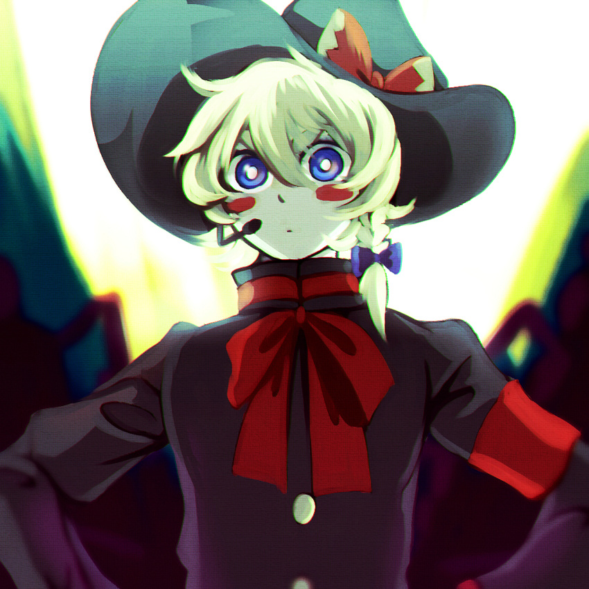 1girl, bangs, black_headwear, black_jacket, blonde_hair, blue_bow, blue_eyes, blush