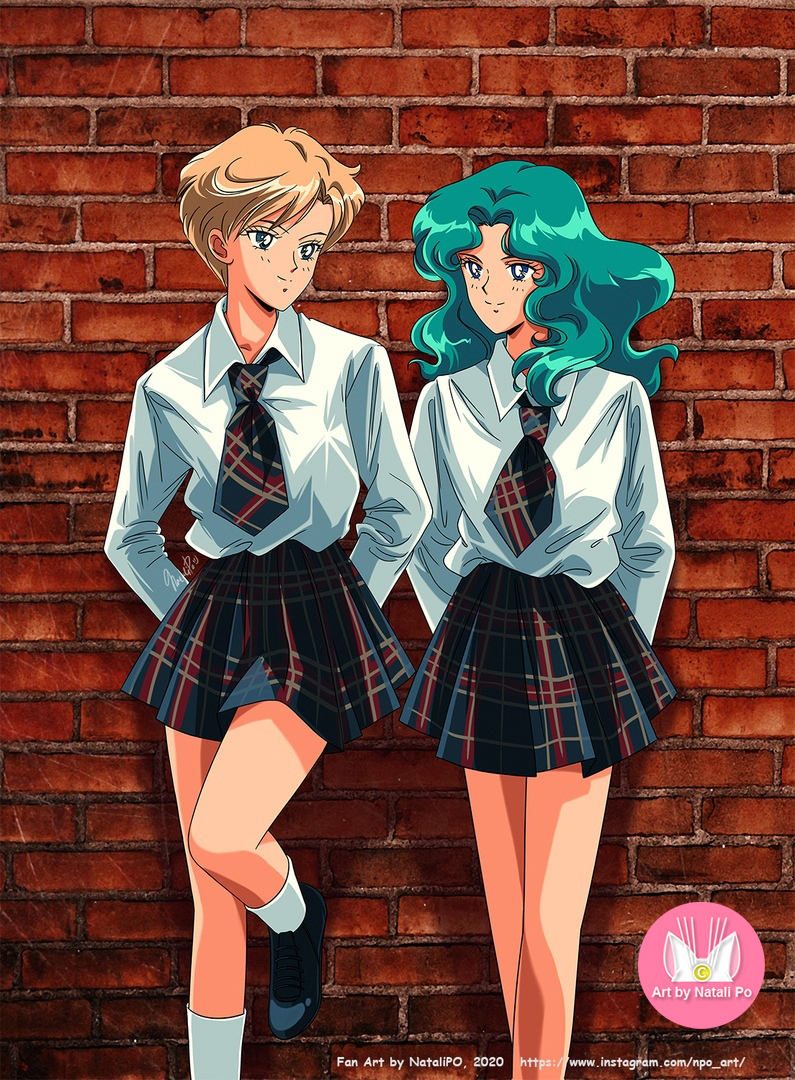 2girls, aqua_hair, bishoujo_senshi_sailor_moon, blonde_hair, brick_wall, cosplay, kaiou_michiru, legs, looking_at_another, multiple_girls, npo_art, retro_artstyle, sailor_moon, short_hair, skirt, smile, t.a.t.u, ten'ou_haruka, wall, yuri