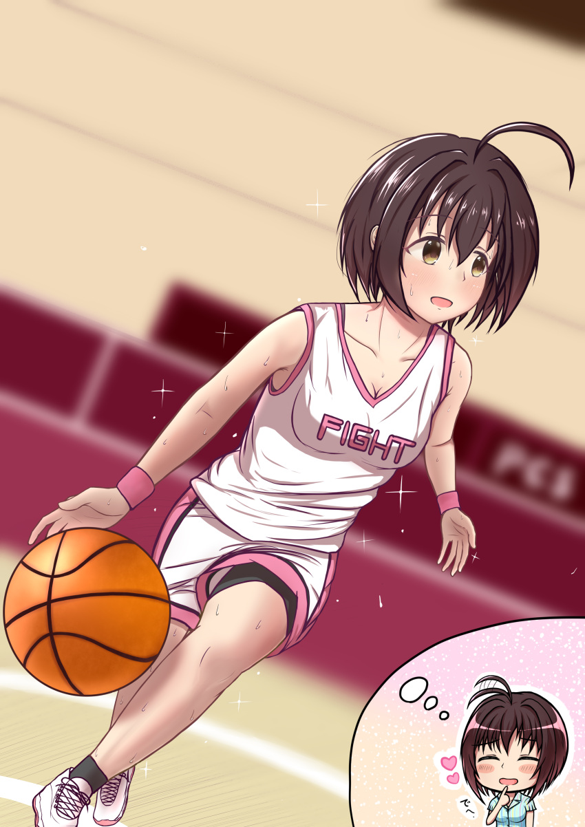 1girl, armband, basketball, basketball_ball, basketball_uniform, blurry_background, brown_hair, chibi