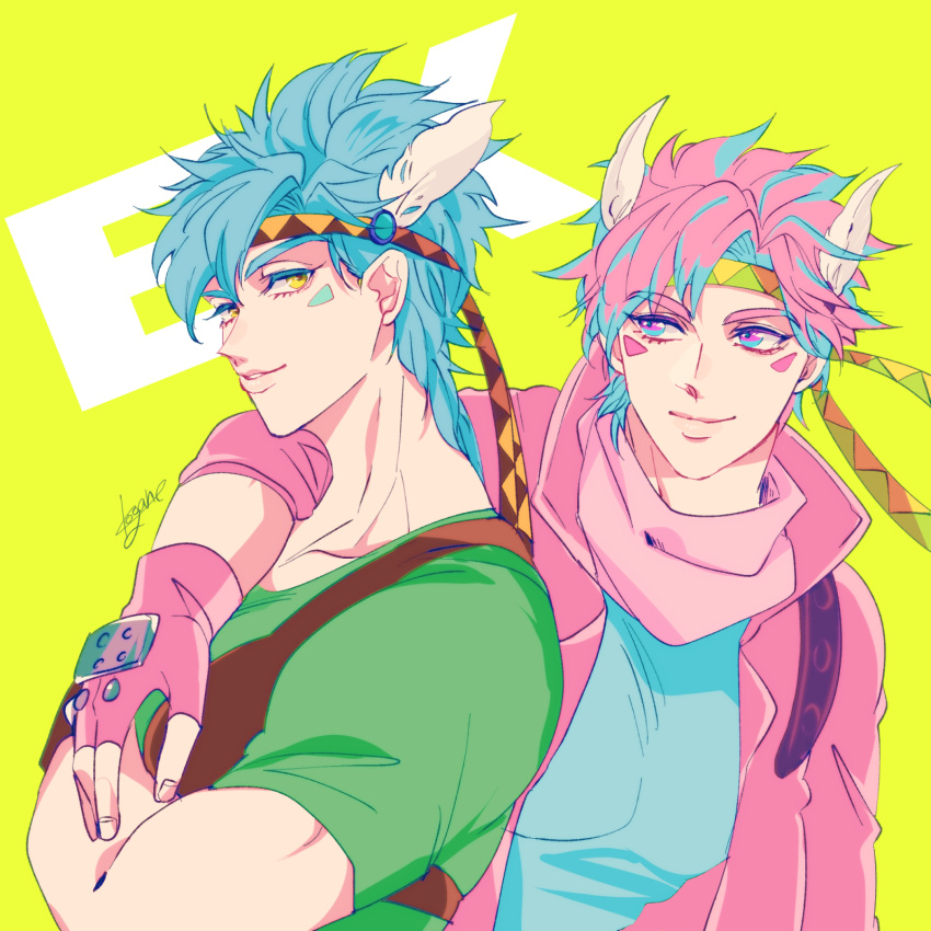 2boys, blue_hair, caesar_anthonio_zeppeli, chest_protector, dual_persona, facial_mark, feather_hair_ornament, feathers, fingerless_gloves, gloves, green_shirt, hair_ornament, headband, headbands, highres, jacket, jojo_no_kimyou_na_bouken, kogatarou, male_focus, multicolored_hair, multiple_boys, pink_eyes, pink_hair, pink_jacket, scarf, shirt, t-shirt, triangle_print, two-tone_hair, yellow_eyes
