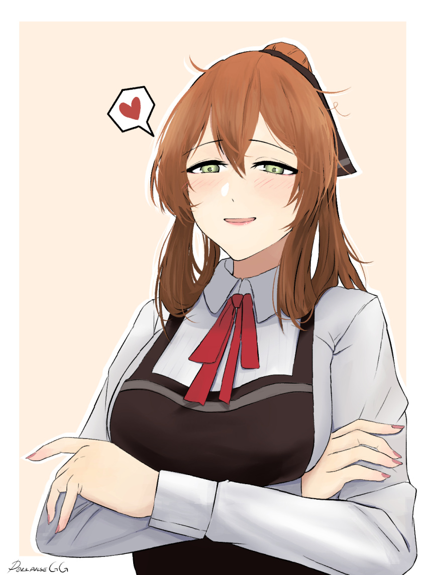 1girl, apron, artist_name, bangs, blush, breasts, brown_apron, brown_ribbon