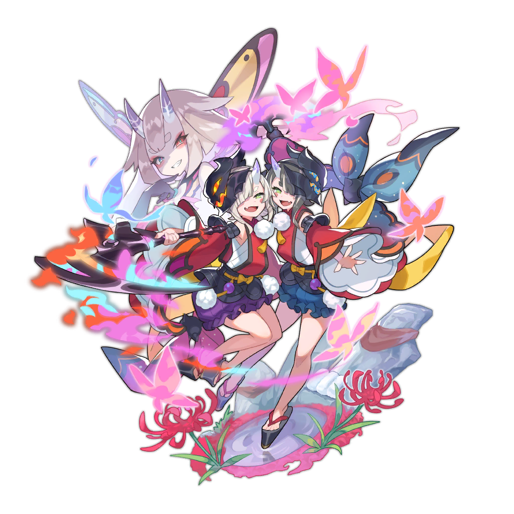 2girls, artist_request, asymmetrical_bangs, ayaha_(dragalia_lost), bangs, black_hair, bug, butterfly