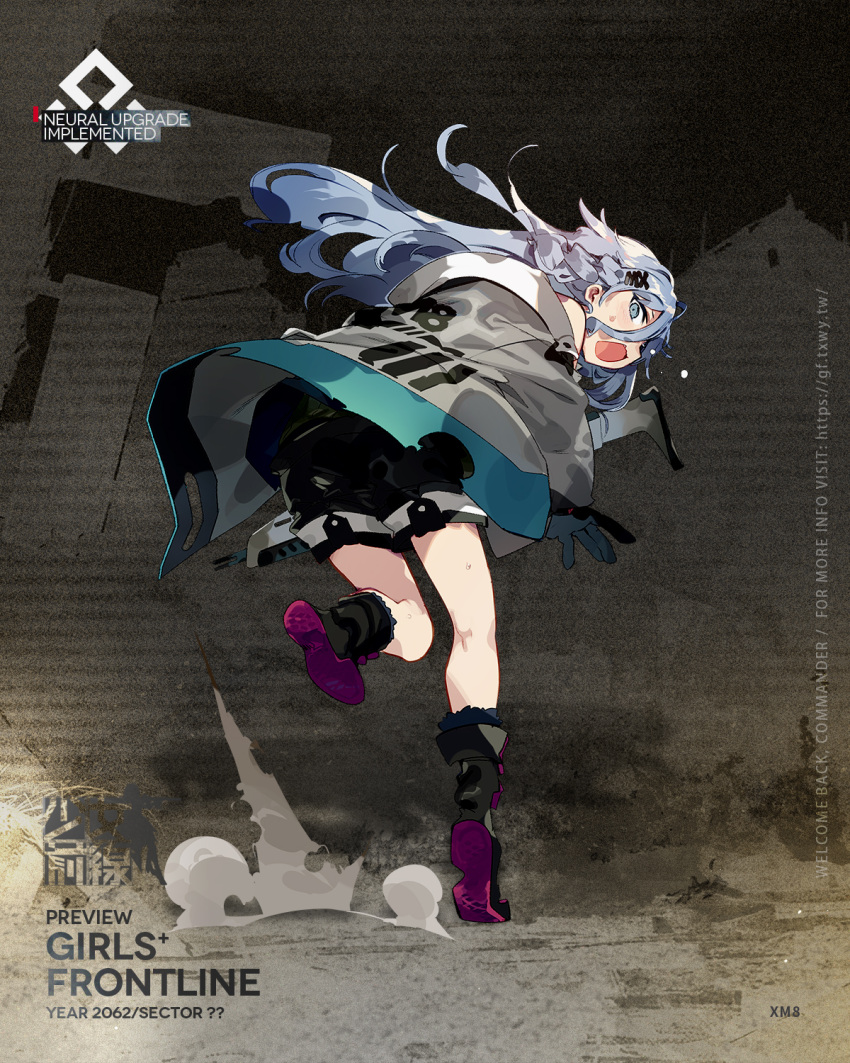 1girl, :o, assault_rifle, bangs, belt, black_bodysuit, black_footwear, black_gloves