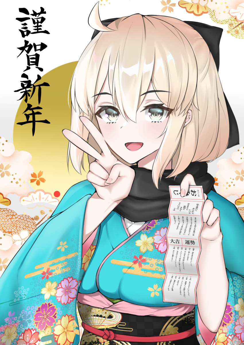 1girl, 2022, ahoge, bangs, black_bow, black_eyes, black_legwear, black_scarf, blonde_hair, bow, breasts, falcon_(pixiv53769385), fate/grand_order, fate_(series), hair_between_eyes, hair_bow, highres, japanese_clothes, kimono, koha-ace, large_breasts, long_sleeves, looking_at_viewer, new_year, obi, okita_souji_(fate), okita_souji_(fate)_(all), okita_souji_(koha/ace), rioka_(moorioka), sakura_saber, sash, scarf, short_kimono, solo, thigh-highs, wide_sleeves