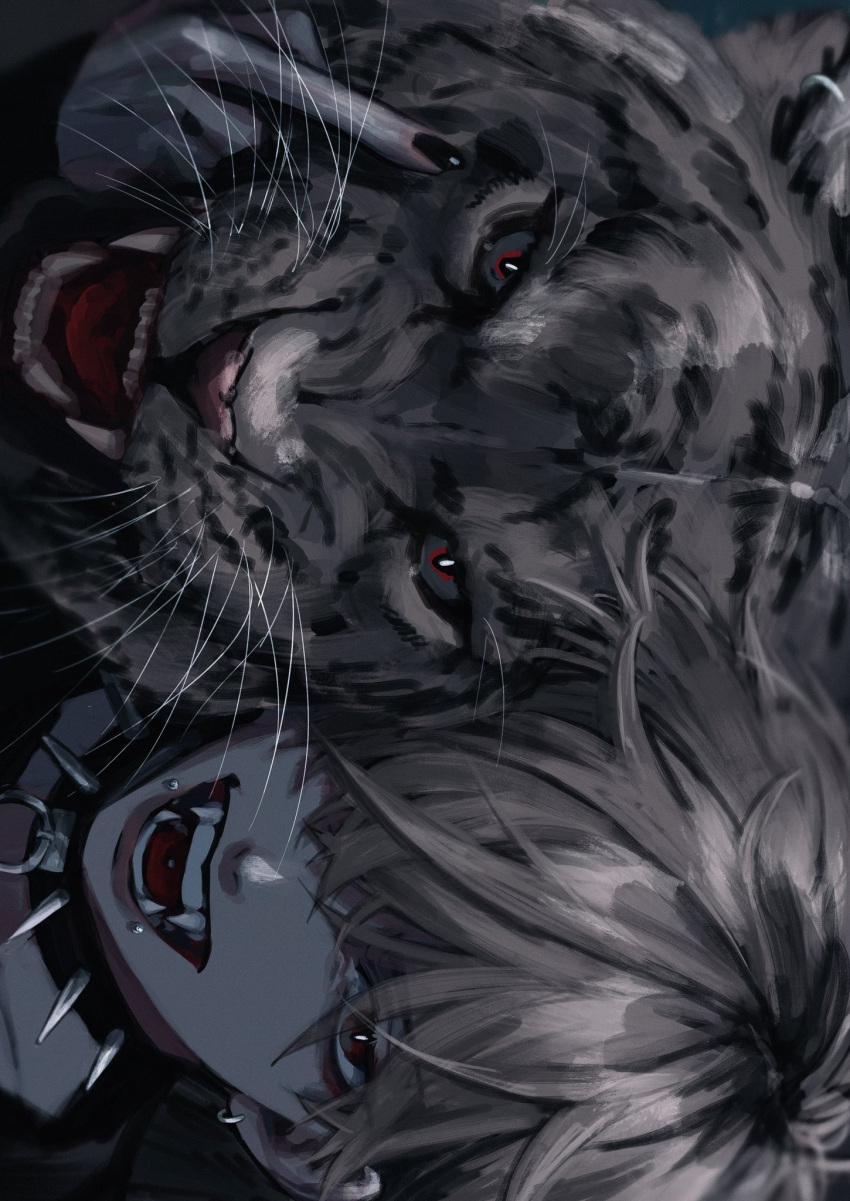 1boy, animal, black_collar, black_hair, black_nails, blonde_hair, bright_pupils, chinese_zodiac