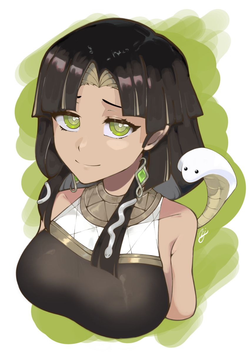 1girl, absurdres, bangs, black_hair, breasts, colored_inner_hair, cropped_torso, dark-skinned_female, dark_skin, earrings, eyebrows_behind_hair, from_above, green_eyes, green_hair, highres, jewelry, large_breasts, multicolored_hair, nagare_sara, parted_bangs, prism_project, sakanayukii, smile, snake, solo, virtual_youtuber