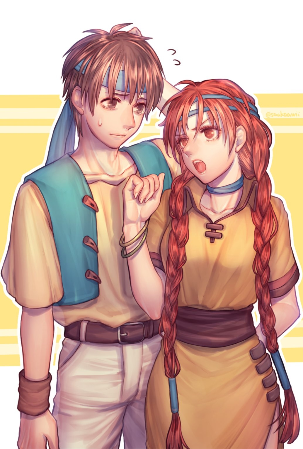 1boy, 1girl, bandana, belt, bracelet, braid, breasts, brown_eyes