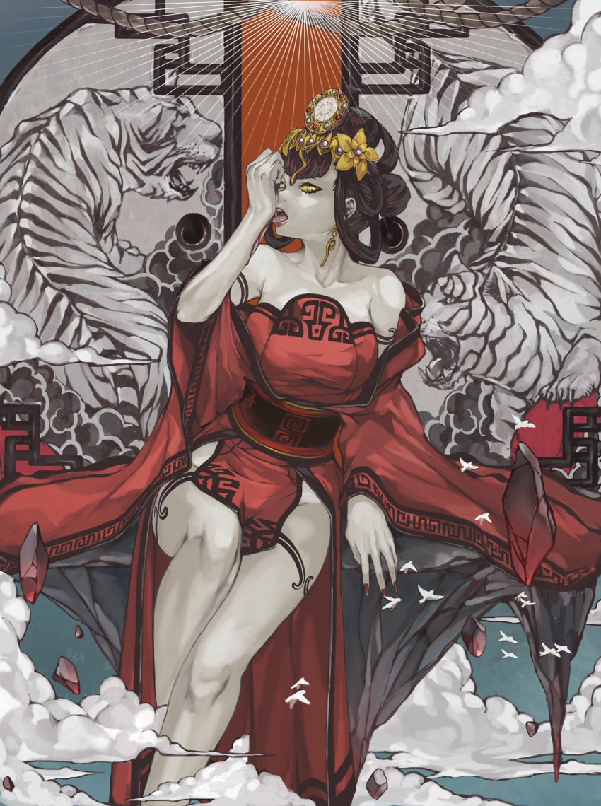 1girl, bangs, bare_shoulders, black_hair, breasts, chinese_clothes, detached_sleeves, dress, earrings, fingernails, hair_ornament, highres, jewelry, large_breasts, long_hair, looking_at_viewer, nuwa_(smtv), nyami, red_dress, sash, shin_megami_tensei, shin_megami_tensei_v, simple_background, sitting, solo, yellow_eyes
