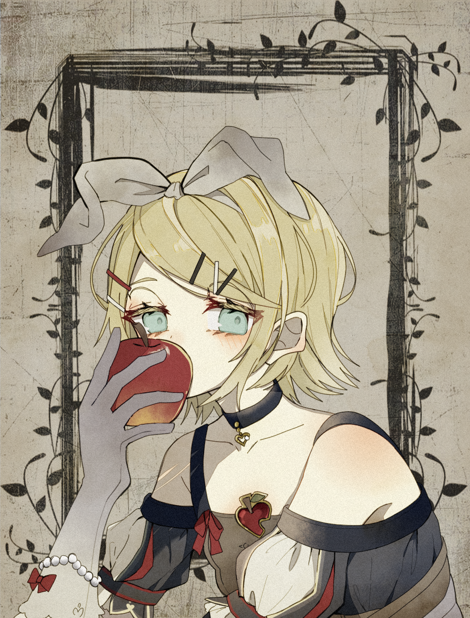 apple, bare_shoulders, bitten_apple, blonde_hair, blush, bow, brooch, choker