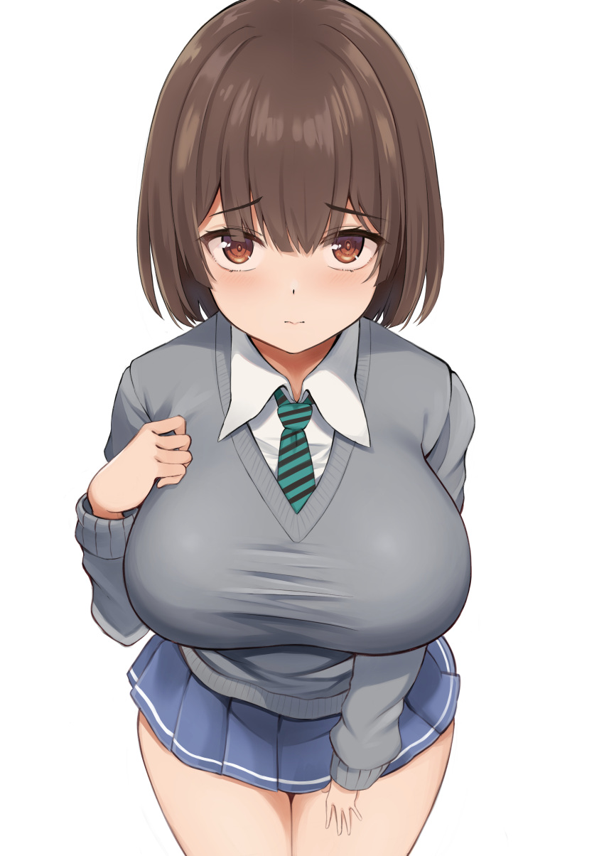 1girl, absurdres, bangs, blue_skirt, bob_cut, breasts, brown_eyes, brown_hair