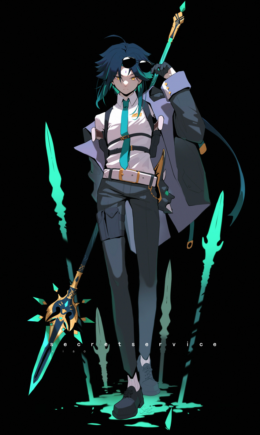 1boy, absurdres, ahoge, alternate_costume, belt, black_background, black_footwear, black_gloves