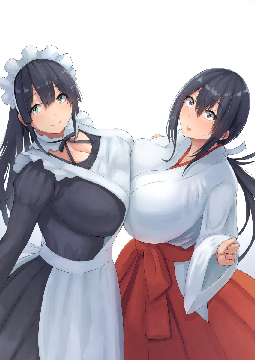 2girls, absurdres, alternate_costume, alternate_hairstyle, apron, black_hair, black_ribbon, blue_eyes