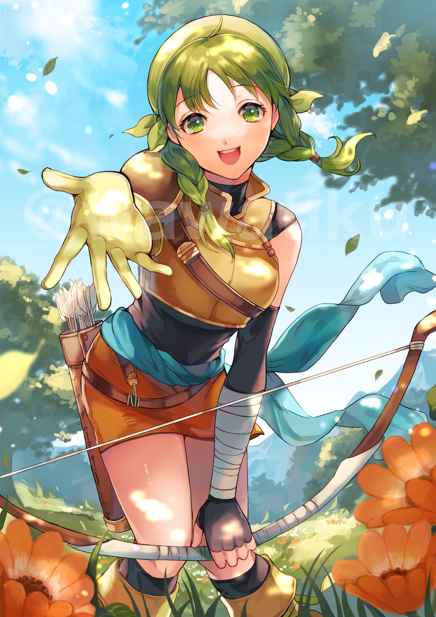 1girl, bandana, bangs, bow_(weapon), braid, breasts, commission, fire_emblem, gloves, green_eyes, green_hair, highres, holding, holding_bow_(weapon), holding_weapon, leather_strap, looking_at_viewer, medium_breasts, outstretched_arm, rebecca_(fire_emblem), skeb_commission, twin_braids, upper_body, wawatiku, weapon