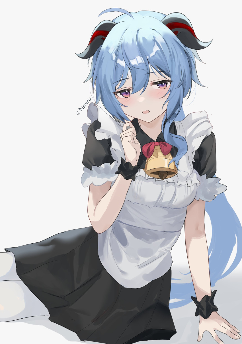 absurdres, ahoge, alternate_costume, apron, artist_name, bangs, bell, black_skirt