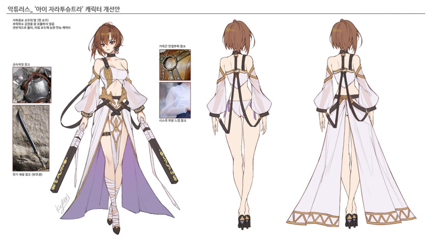 1girl, adapted_costume, ai_zarathustra, arcturus, ass, back, bangs, black_choker, black_footwear, breasts, brown_hair, choker, closed_mouth, commentary_request, crossed_legs, detached_sleeves, dual_wielding, foot_wraps, full_body, high_heels, holding, holding_weapon, korean_text, kyuri_(suika), long_skirt, looking_at_viewer, medium_breasts, multiple_views, navel, panties, red_eyes, reference_inset, see-through_sleeves, short_hair, signature, simple_background, skirt, strapless, translation_request, tube_top, underwear, weapon, white_background, white_panties, white_skirt, white_sleeves, white_tube_top