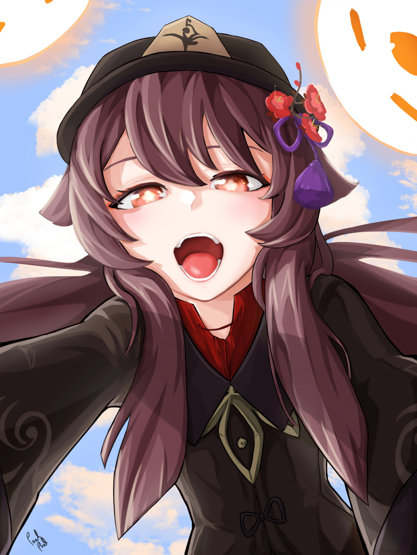 1girl, absurdres, artist_name, black_headwear, blue_sky, brooch, brown_hair, chinese_clothes