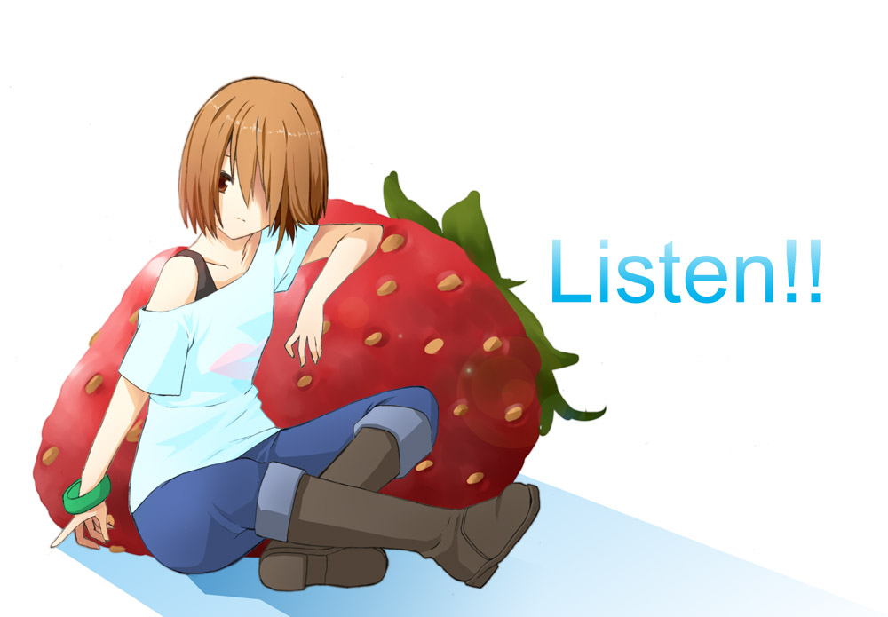brown_eyes, brown_hair, casual, food, fruit, hair_over_one_eye, hirasawa_yui, jeans