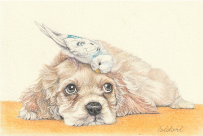 animal, animal_focus, bird, closed_mouth, colored_pencil_(medium), commentary_request, dog, grey_eyes