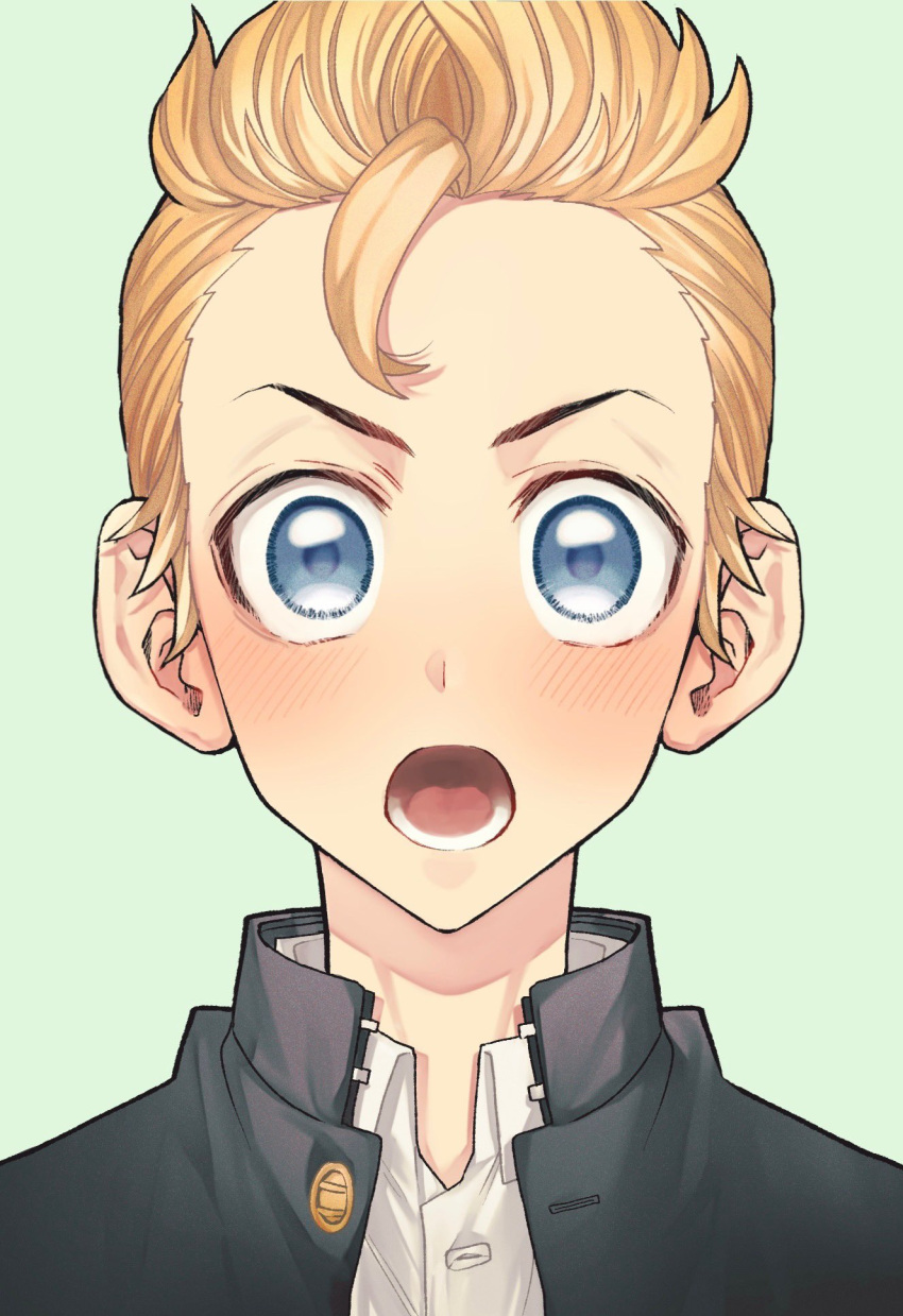 1boy, asaku1515, bangs, black_jacket, blonde_hair, blue_eyes, blush, green_background, hanagaki_takemichi, highres, jacket, looking_at_viewer, male_focus, open_mouth, shirt, short_hair, simple_background, solo, tokyo_revengers, upper_body, v-shaped_eyebrows, white_shirt