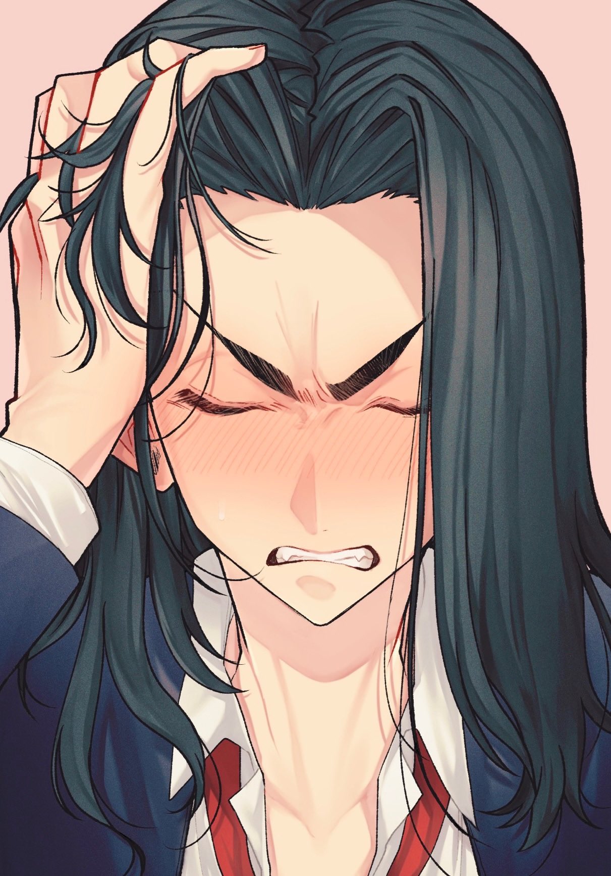 1boy, asaku1515, baji_keisuke, black_hair, blue_jacket, blush, clenched_teeth, closed_eyes