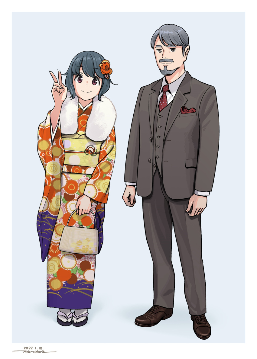 1boy, 1girl, beard, black_hair, brown_eyes, facial_hair, father_and_daughter, formal