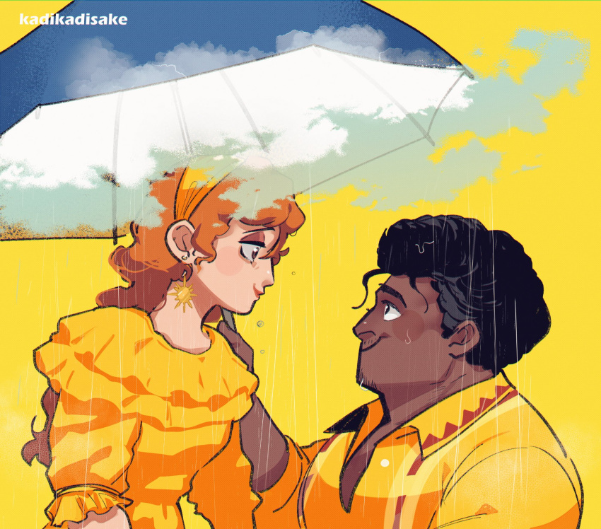 1boy, 1girl, black_hair, clouds, dark-skinned_male, dark_skin, disney, dress