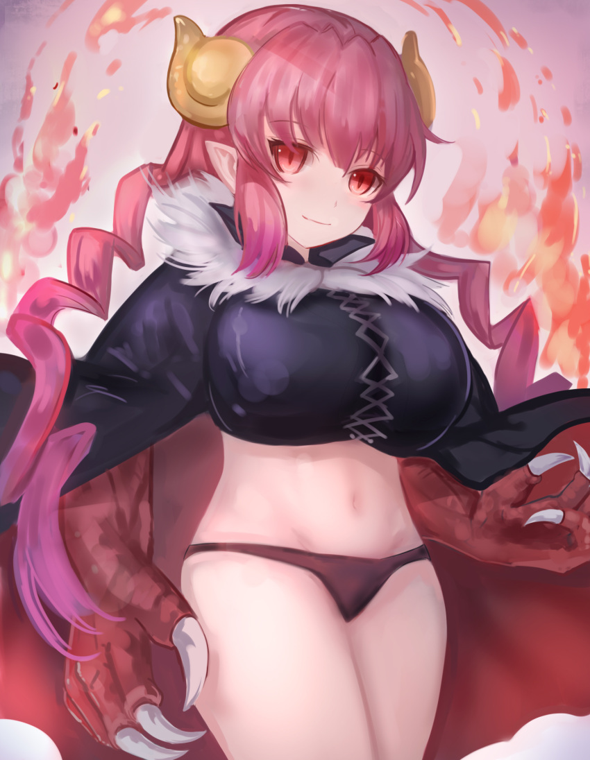 1girl, black_cape, black_panties, breasts, cape, cowboy_shot, dragon_claw, dragon_girl