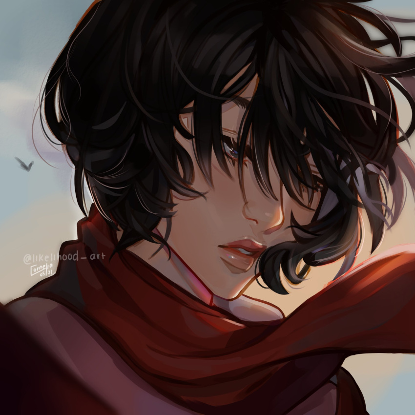 1girl, artist_name, bird, black_hair, close-up, clouds, dated, english_commentary, eyebrows_behind_hair, eyelashes, floating_scarf, highres, likelihood_art, lips, long_scarf, messy_hair, mikasa, outdoors, parted_lips, red_lips, red_scarf, scarf, shingeki_no_kyojin, short_hair, sky, solo, upper_body