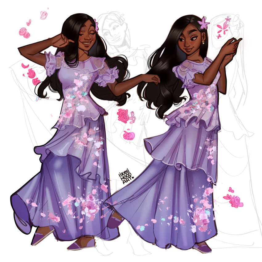 1girl, black_hair, dark-skinned_female, dark_skin, disney, dress, earrings, encanto